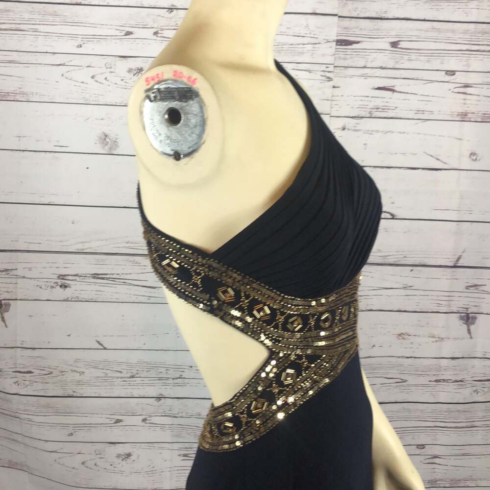 Betsy & Adam One Shoulder Navy Gold Gown NWT Size 4 - Picture 9 of 12